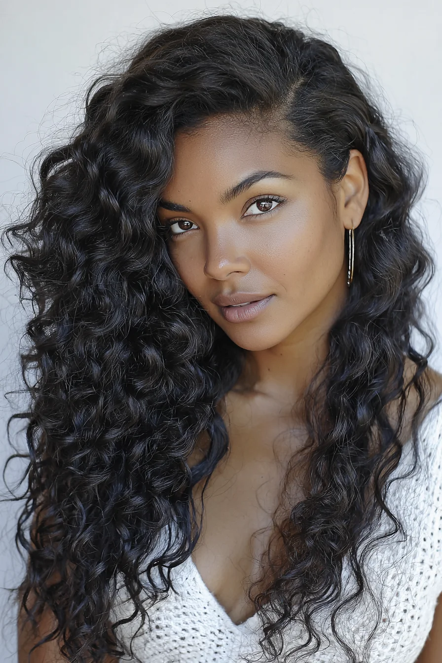 Long Voluminous Deep Curls with Defined Side Part