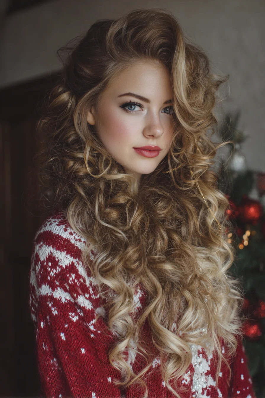 Long Voluminous Defined Curls with Side‑Swept Root Lift
