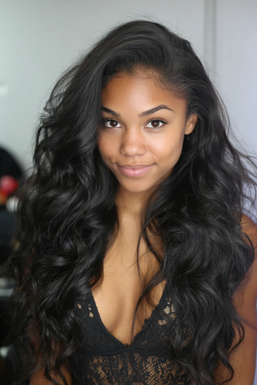 Long Voluminous Loose Waves with Deep Side Part — Soft Glam Texture