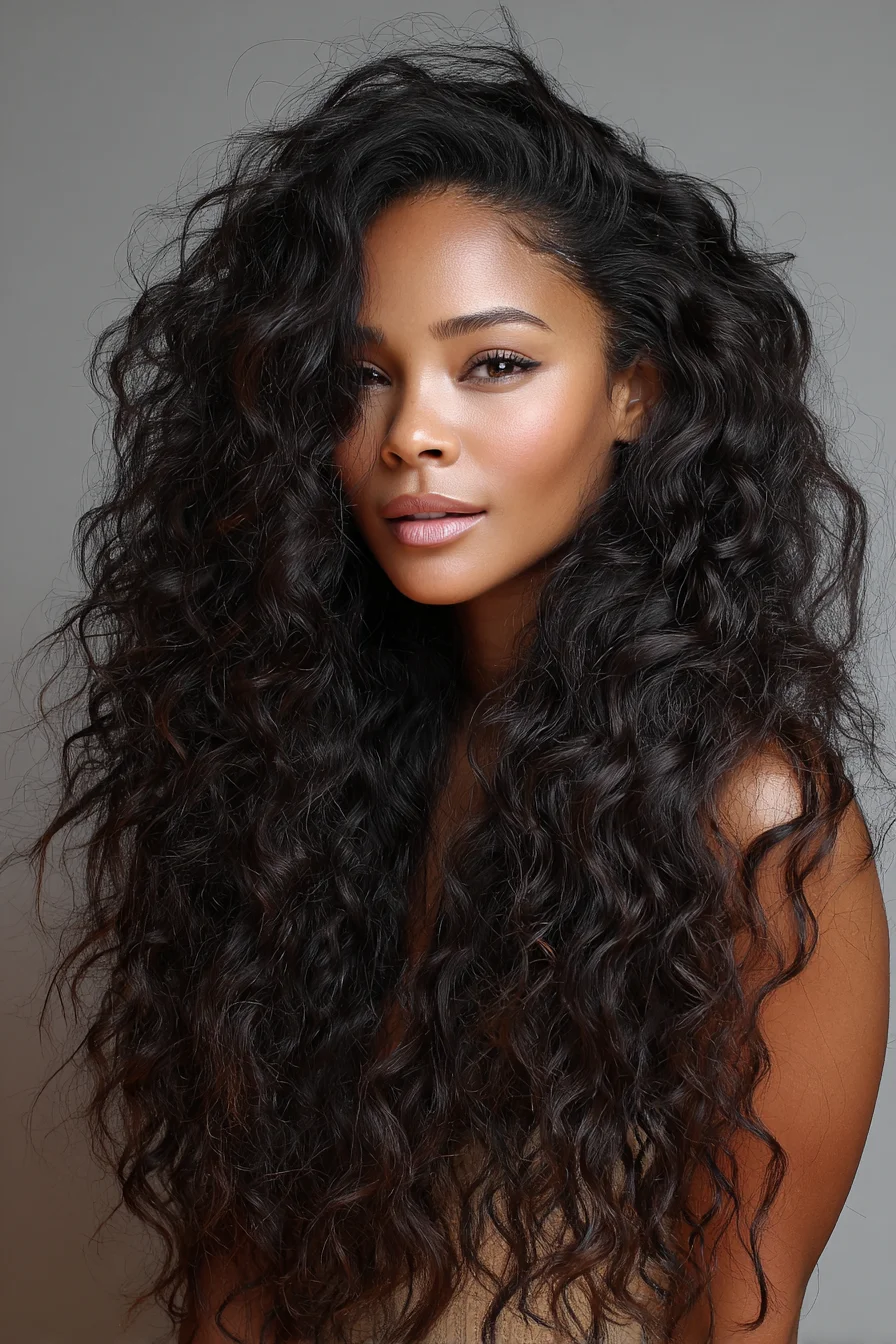 Long Voluminous Natural Curls with Deep Side Part