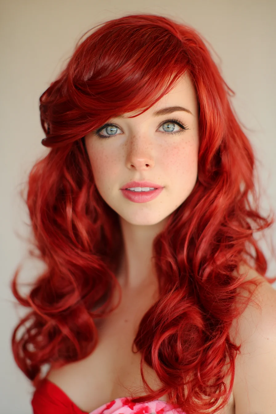 Long Voluminous Red Waves with Side-Swept Fringe