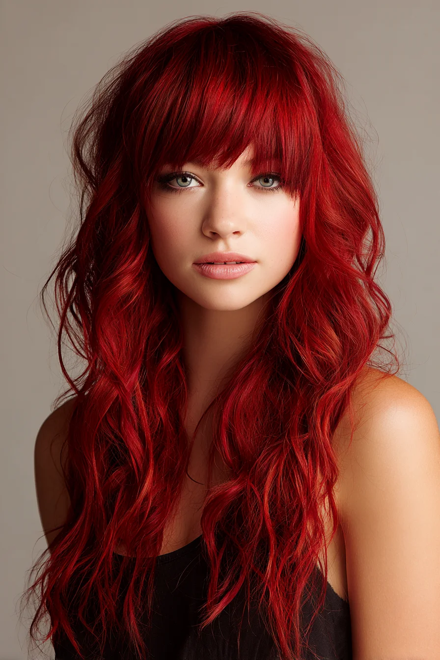 Long Wavy Red Hair with Blunt Fringe and Textured Layers