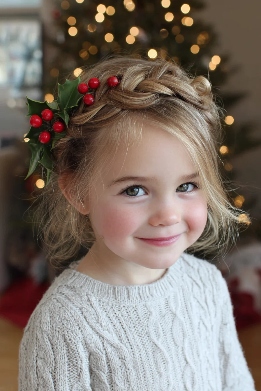 Loose Crown Braid Updo with Face‑Framing Wisps and Holiday Accent