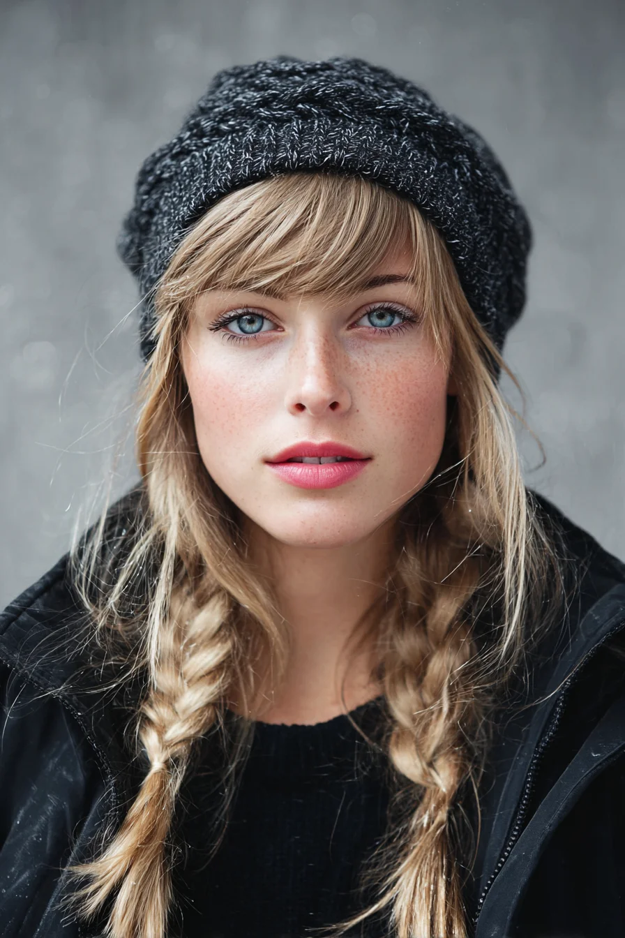 Loose Double Braids with Face-Framing Fringe — Beanie-Ready Winter Style