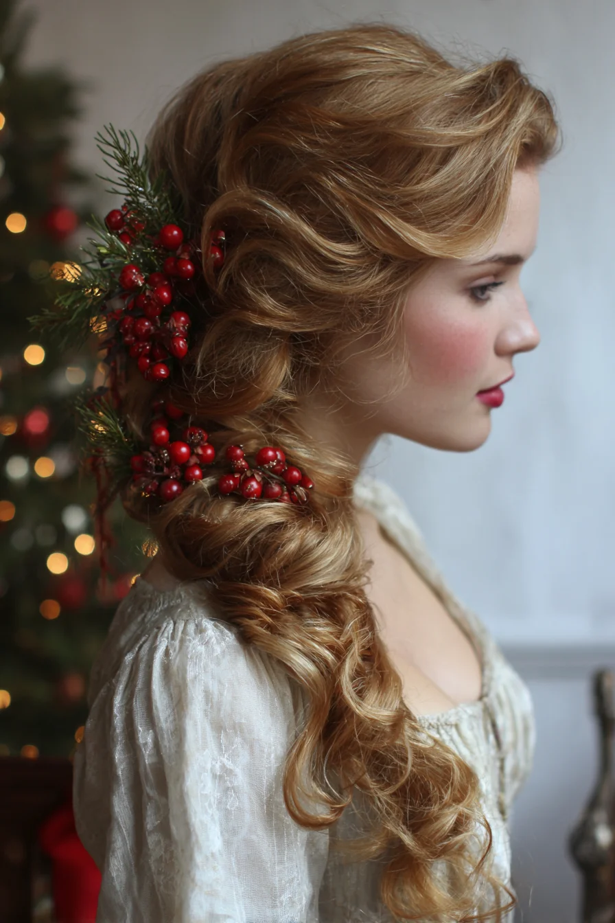 Loose Romantic Side Braid with Berry Holiday Accents