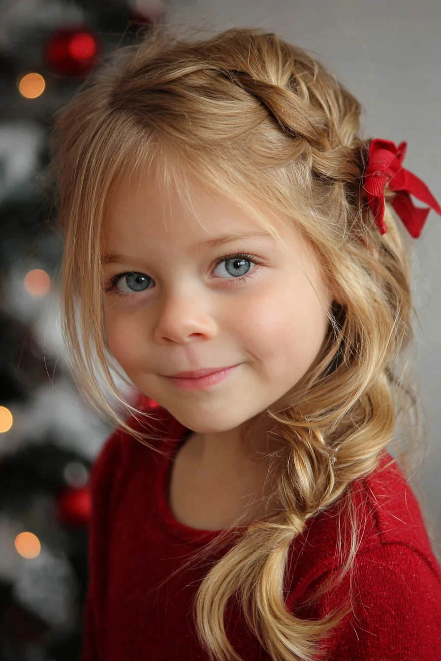 Loose Side Braid with Crown Twist and Ribbon — Soft Holiday Look