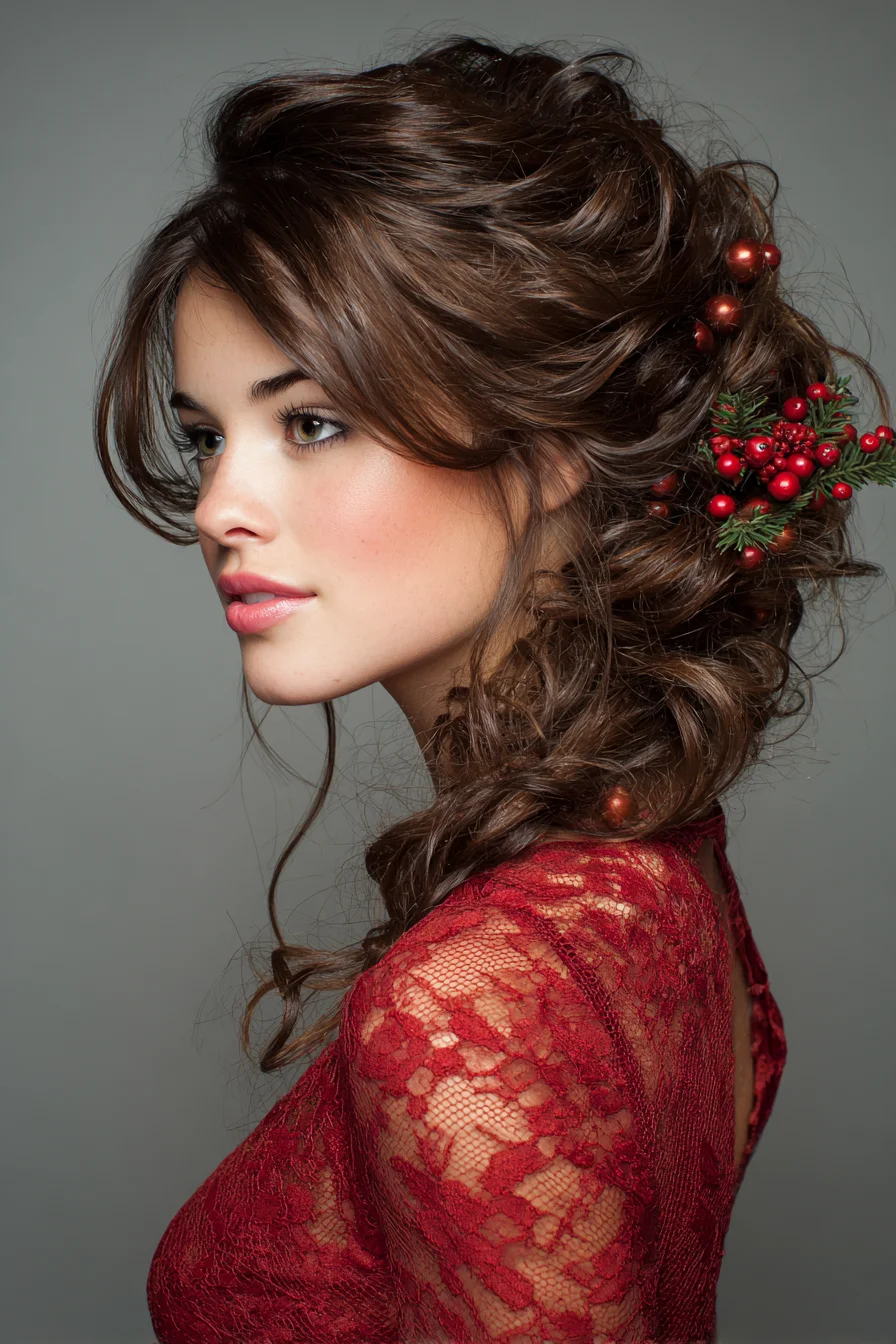 Loose Textured Side Braid Updo with Festive Berry Accents