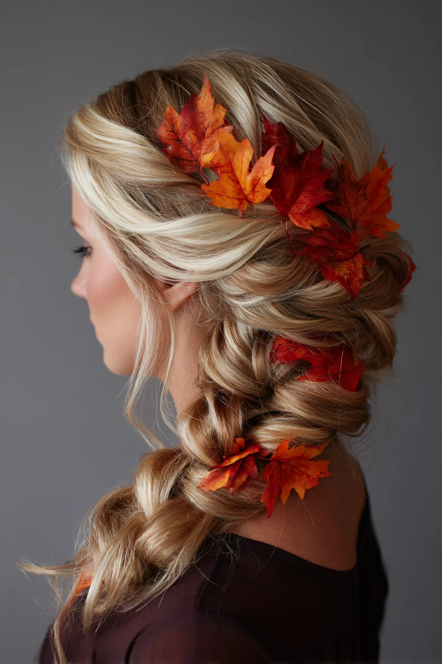 Loose Textured Side Braid with Autumn Leaf Accents