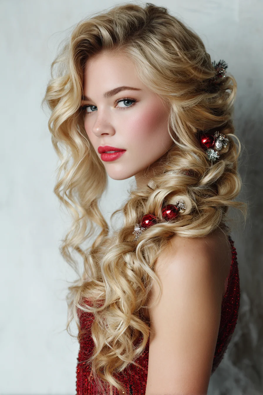 Loose Voluminous Side Braid with Cascading Holiday Curls