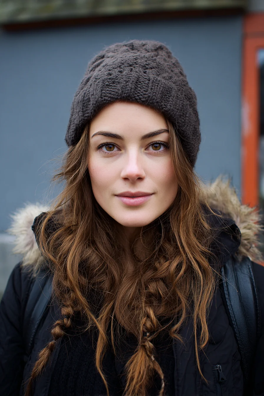 Loose Waves with Two Undone Side Braids — Beanie-Friendly Casual Style