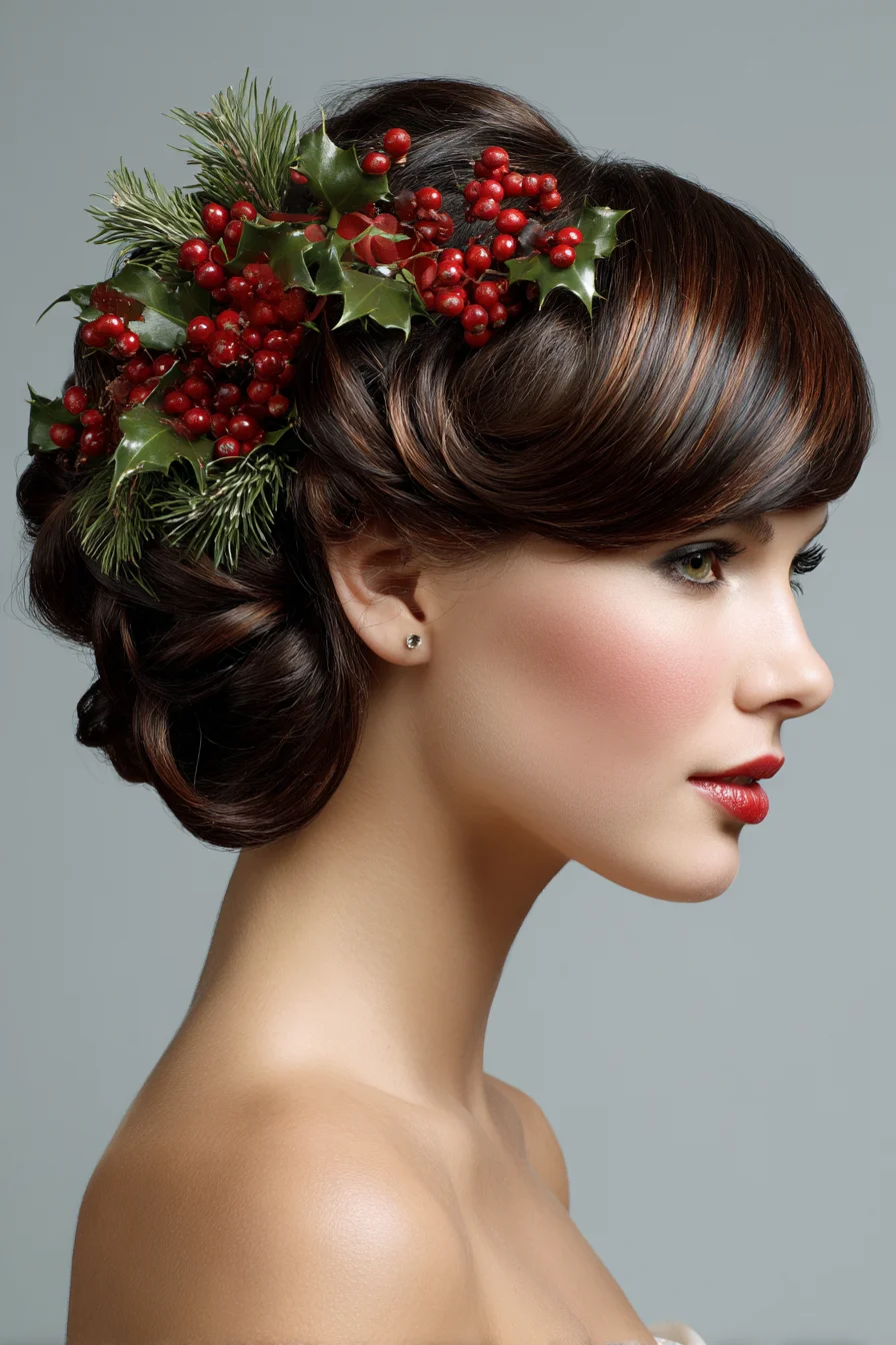 Low Chignon with Side-Swept Bangs and Festive Berry Accent