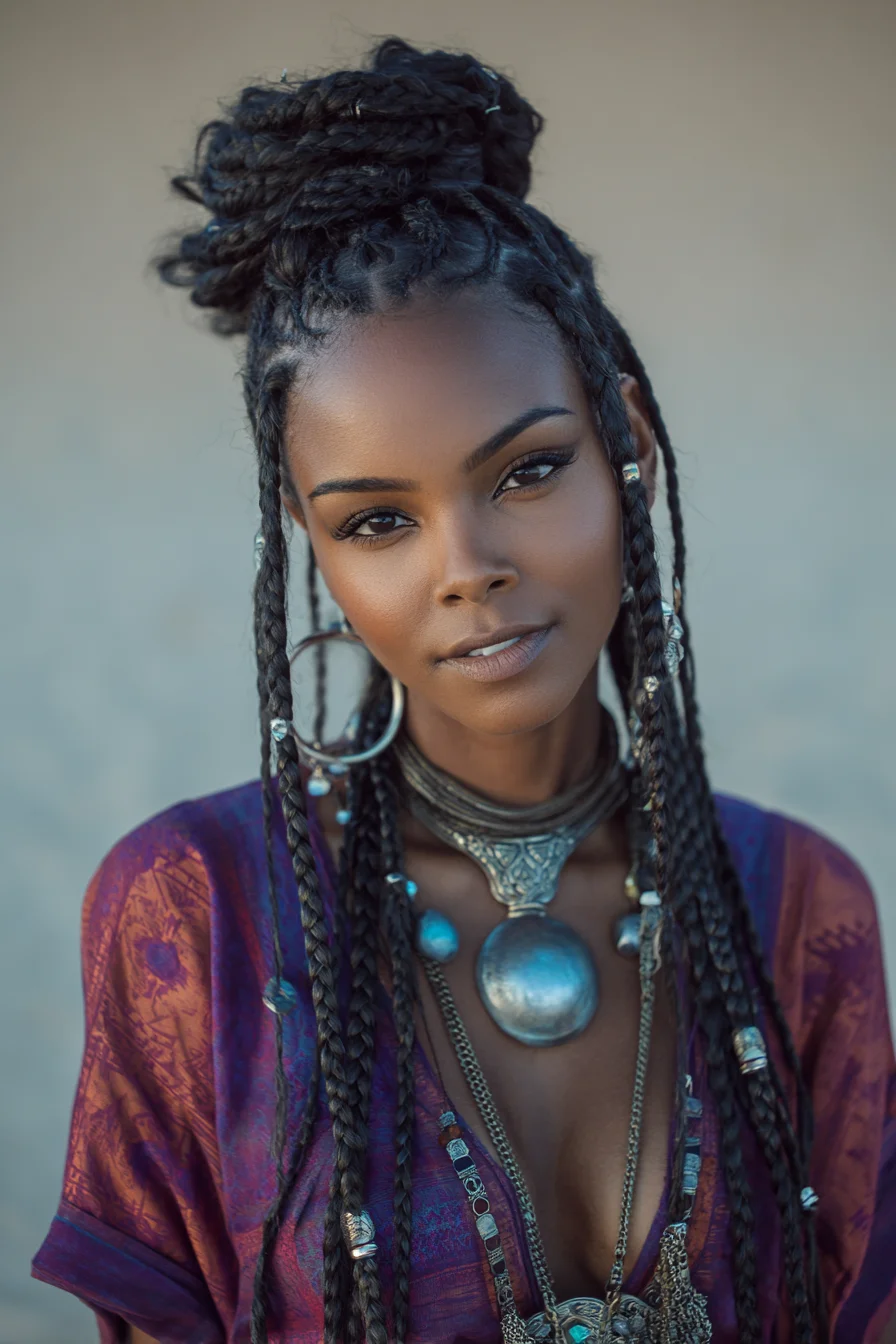 Medium Box Braids with Top-Knot Bun, Cornrows and Beaded Cuffs
