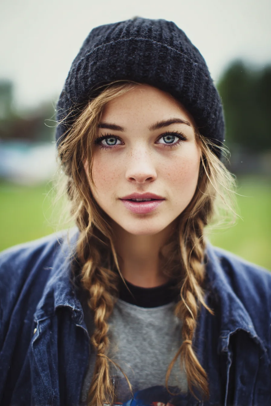 Messy Double Braids with Face‑Framing Layers — Beanie‑Friendly Everyday Look
