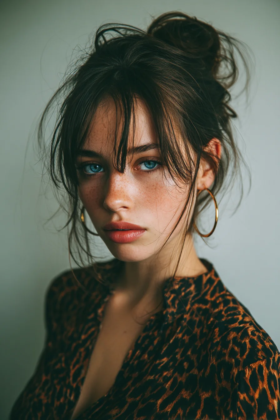 Messy Top Knot with Curtain Bangs — Textured Face‑Framing Updo