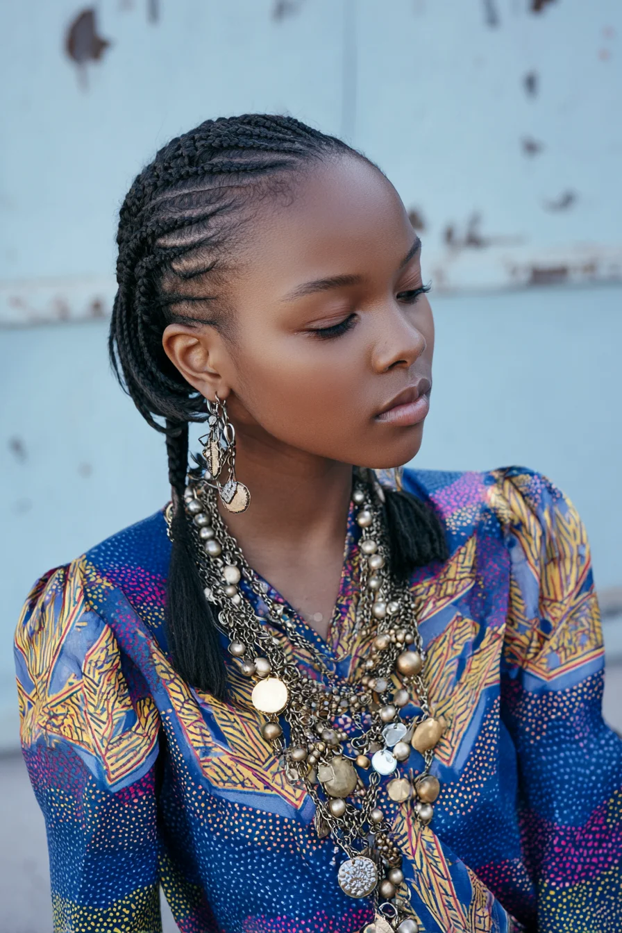 Neat Straight-Back Cornrows into Low Braided Ponytails