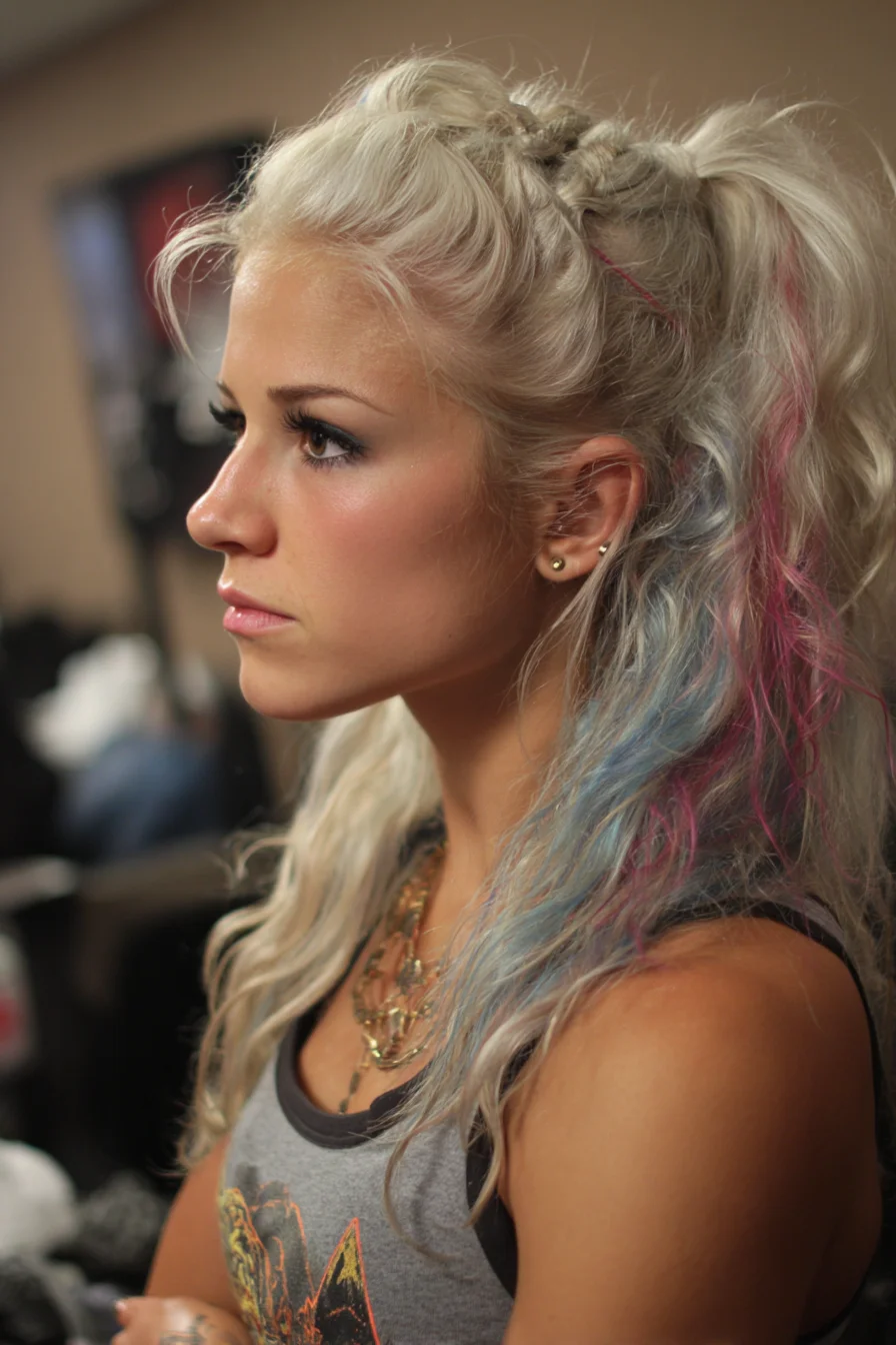 Platinum Blonde Braided Crown with Pastel Pink & Blue Textured Ponytail