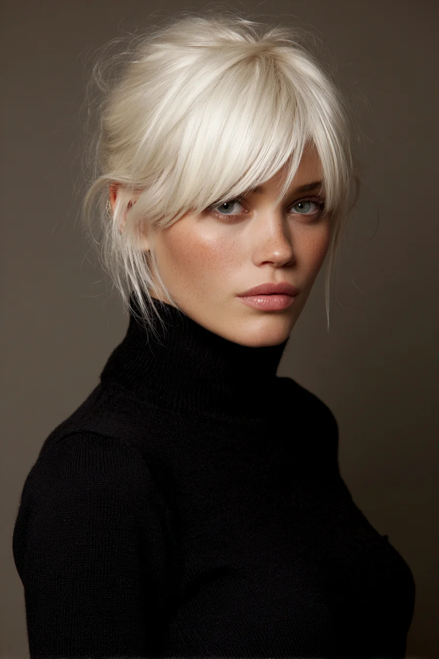 Platinum Blonde Wispy Bangs with Low Tousled Updo