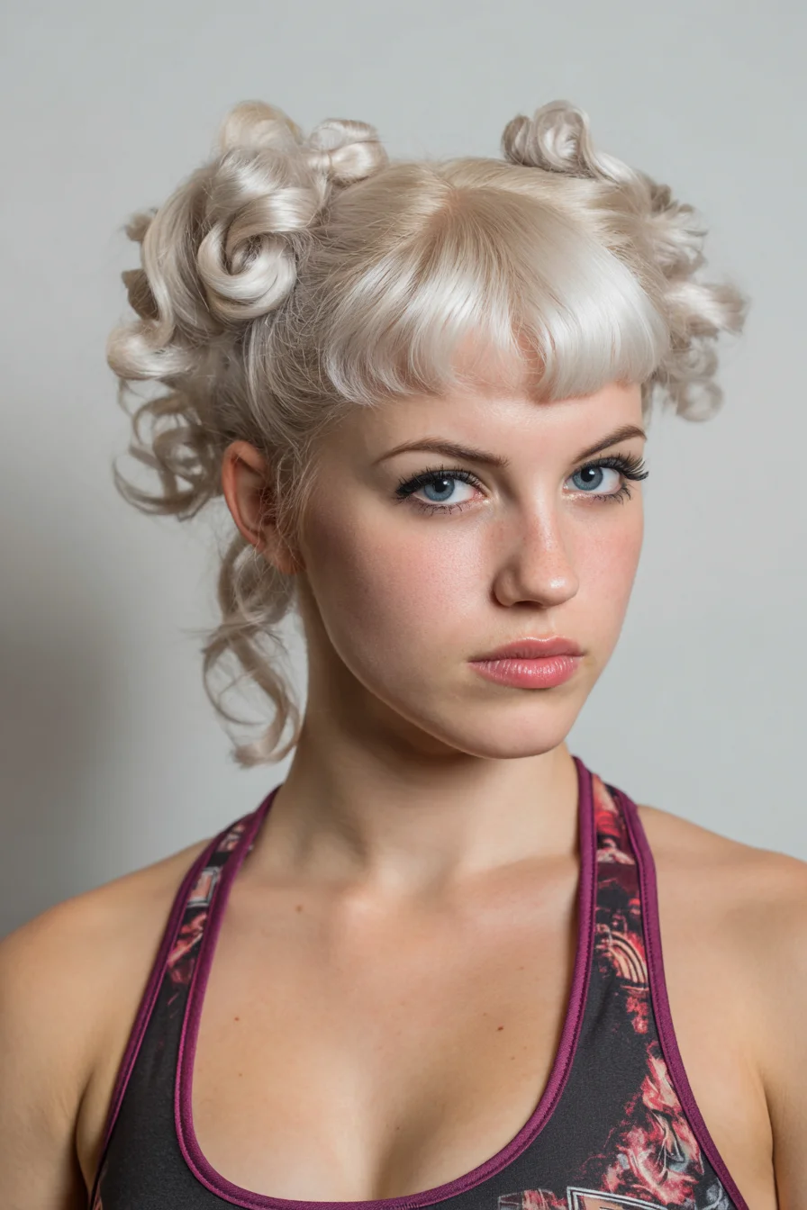 Platinum Double Curled Buns with Short Blunt Fringe