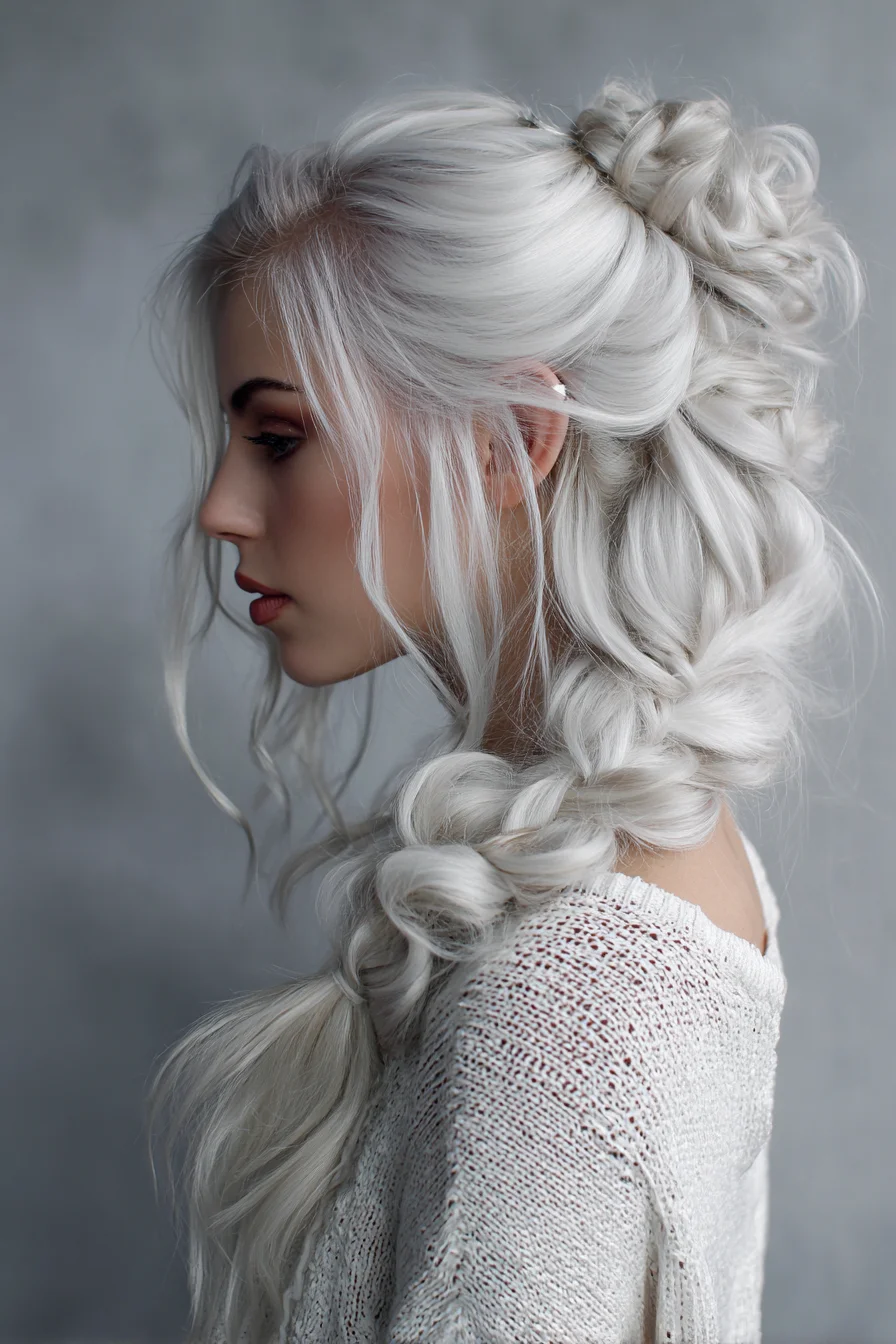 Platinum Long Hair: Textured Pulled-Through Braid with Loose Crown Knot