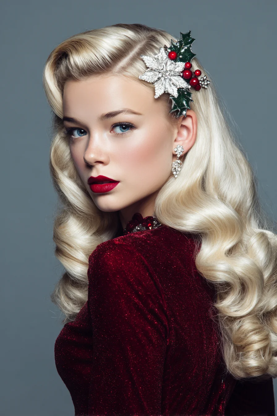 Retro Hollywood Waves with Deep Side Part and Festive Hair Clip