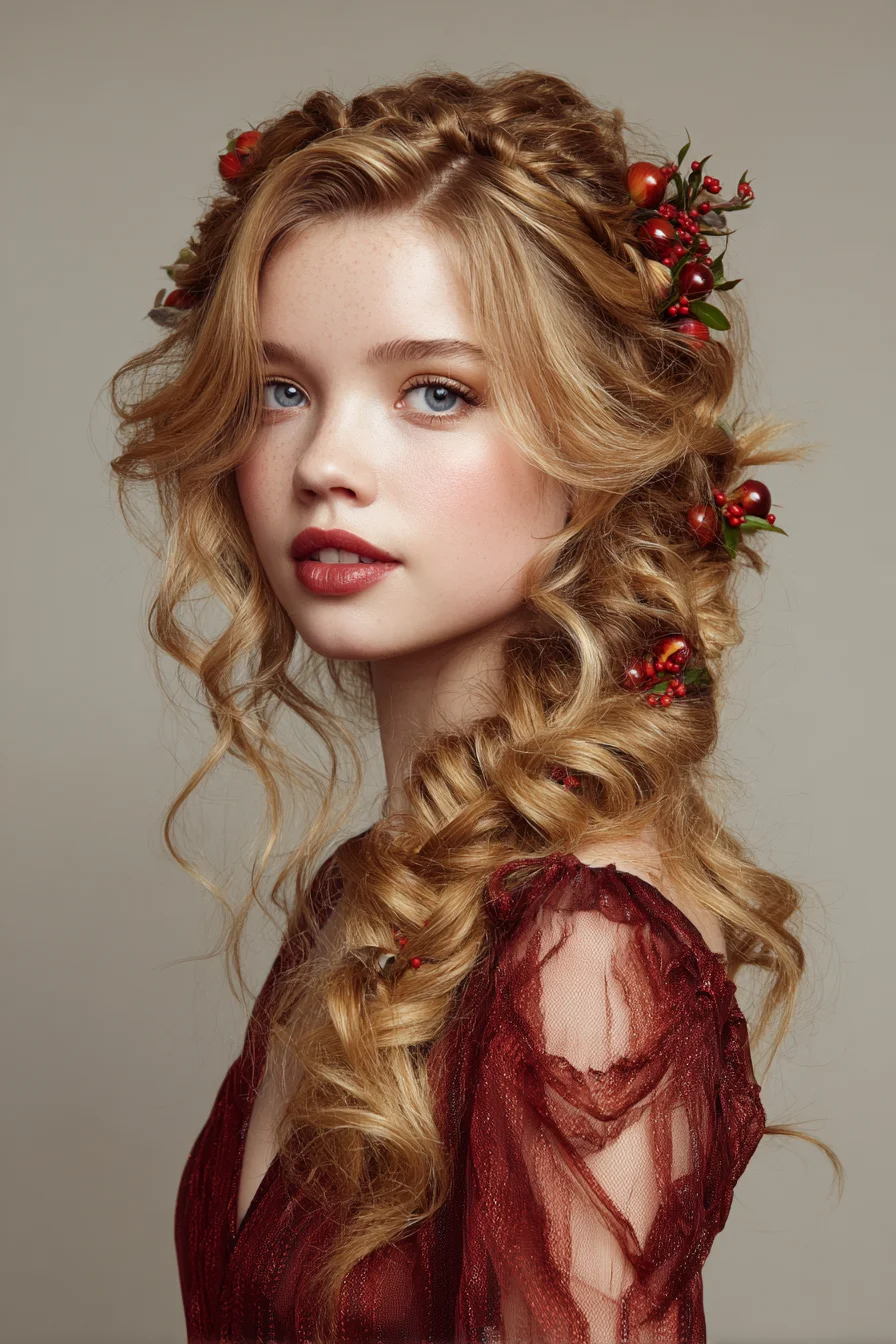 Romantic Boho Side Braid with Loose Curls and Floral Accents