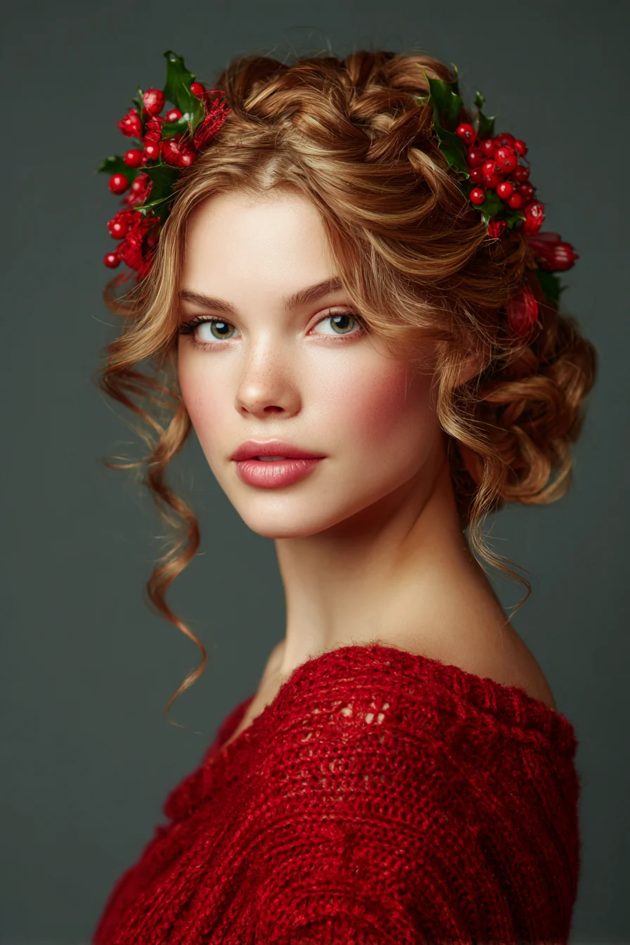 Romantic Braided Crown Updo with Loose Tendrils and Festive Floral Accents