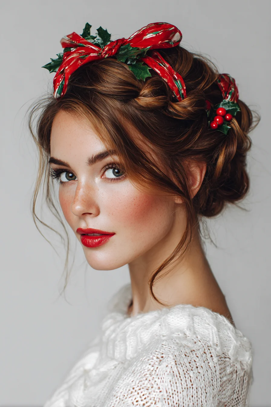 Romantic Braided Crown Updo with Ribbon and Holly Accents
