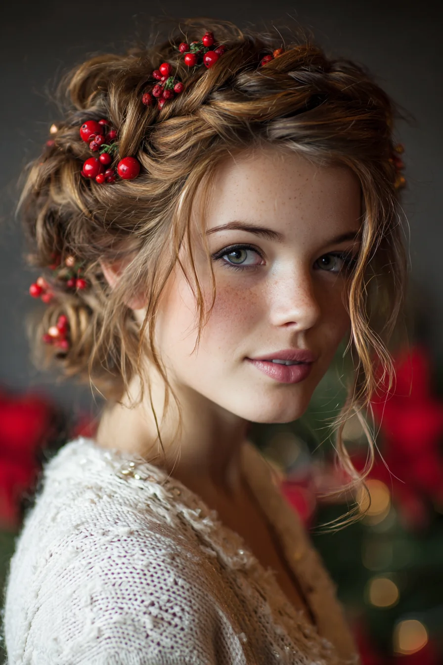 Romantic Braided Updo with Berry Accents — Textured Wedding or Holiday Style