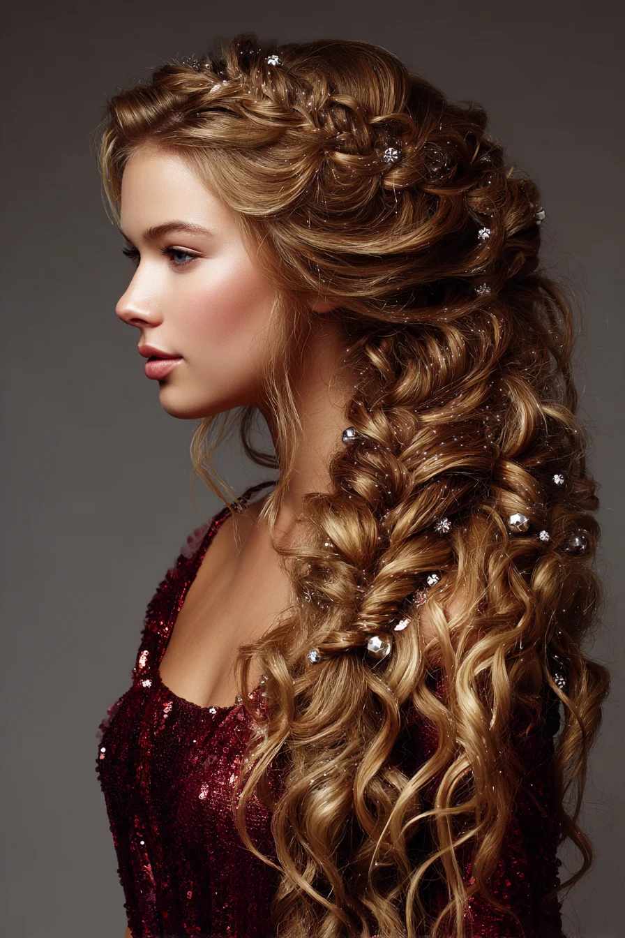 Romantic Cascading Fishtail Braid with Loose Curls and Crystal Accents