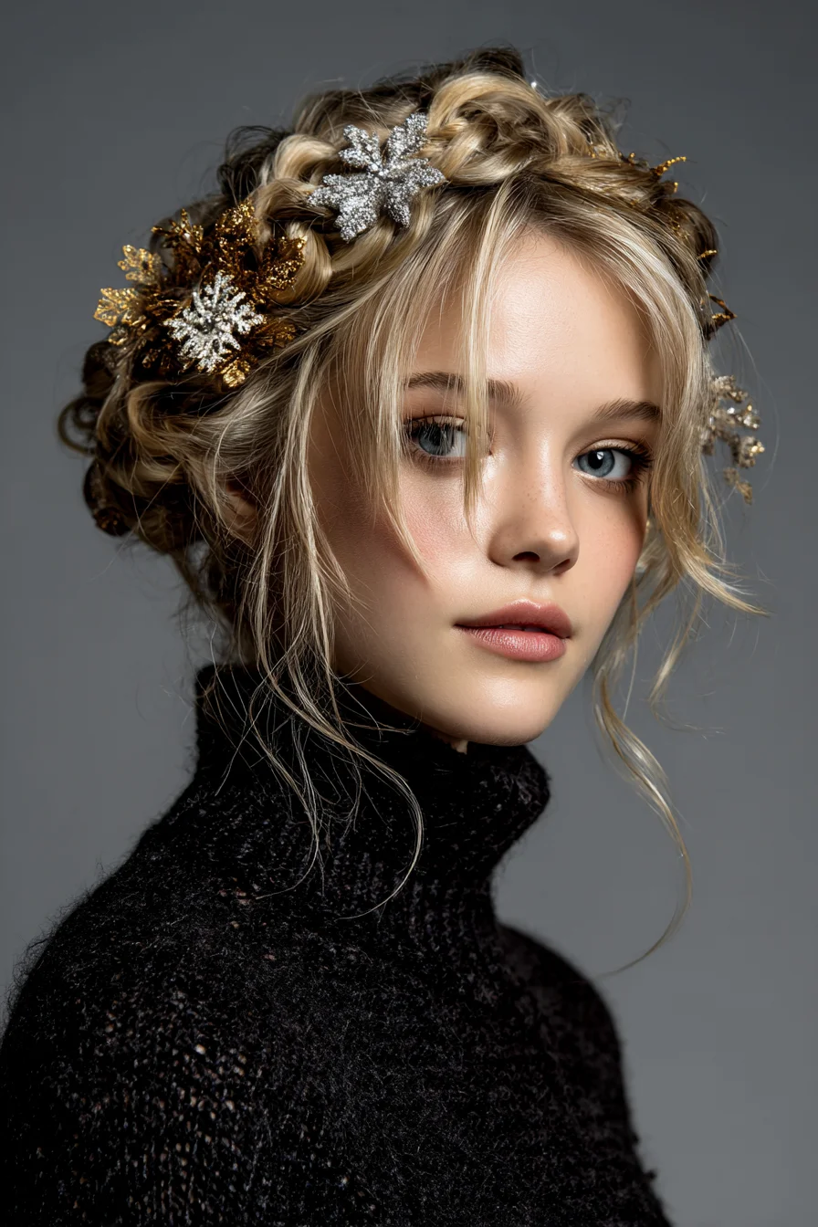 Romantic Crown Braid Updo with Loose Face‑Framing Tendrils