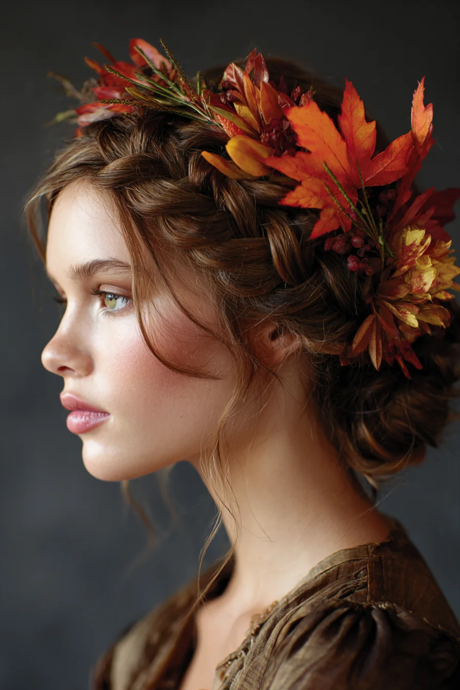 Romantic Crown Braid Updo with Loose Tendrils and Autumn Floral Accents
