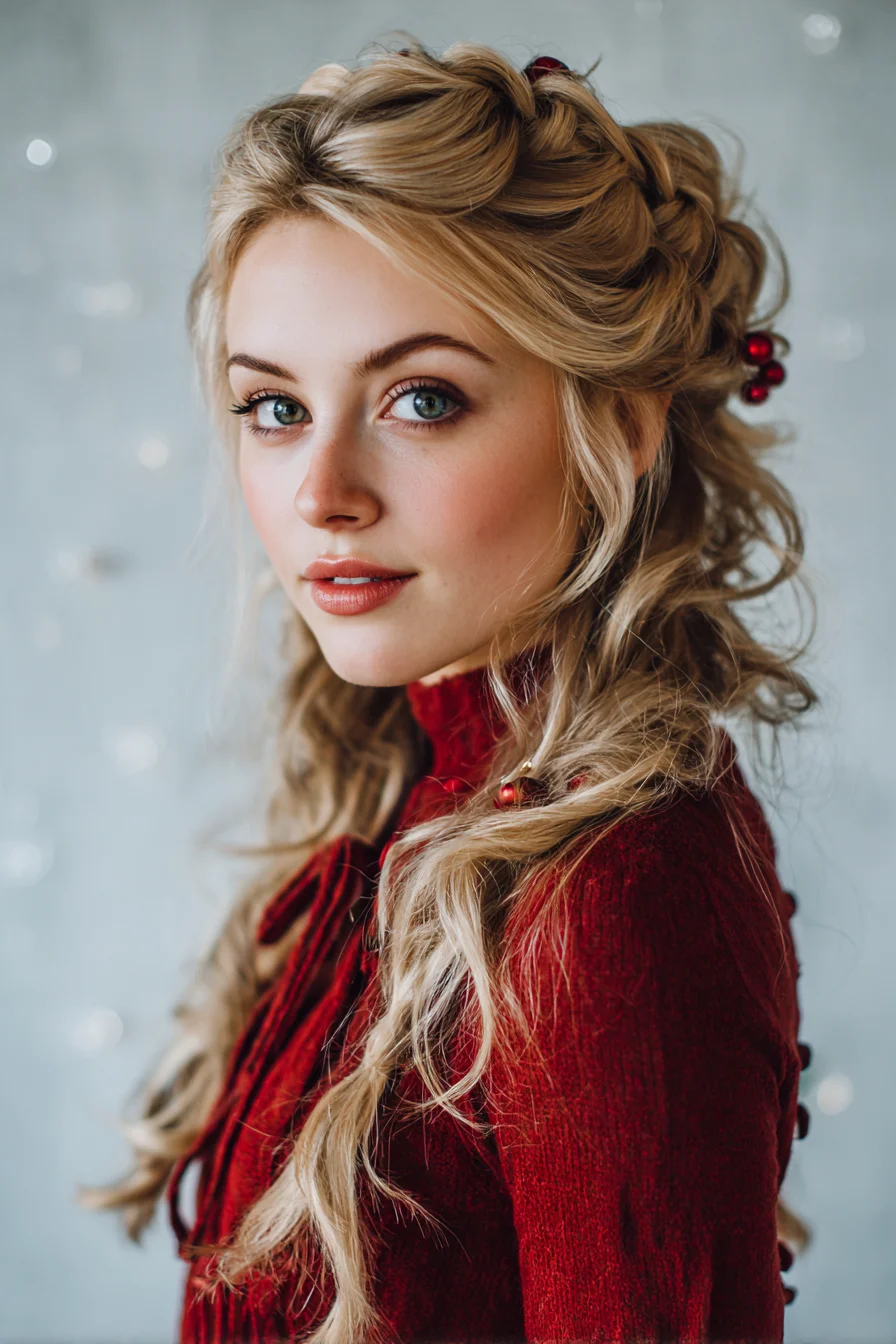 Romantic Half-Up Braided Waves with Face-Framing Tendrils