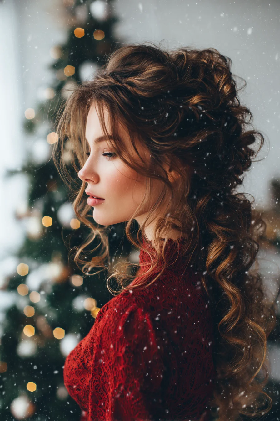 Romantic Half‑Up Curly Updo with Voluminous Crown and Face‑Framing Tendrils