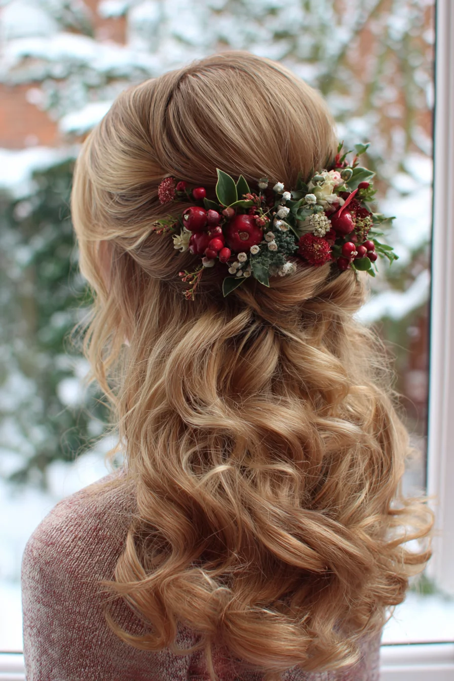 Romantic Half‑Up Half‑Down Curls with Floral Hairpiece