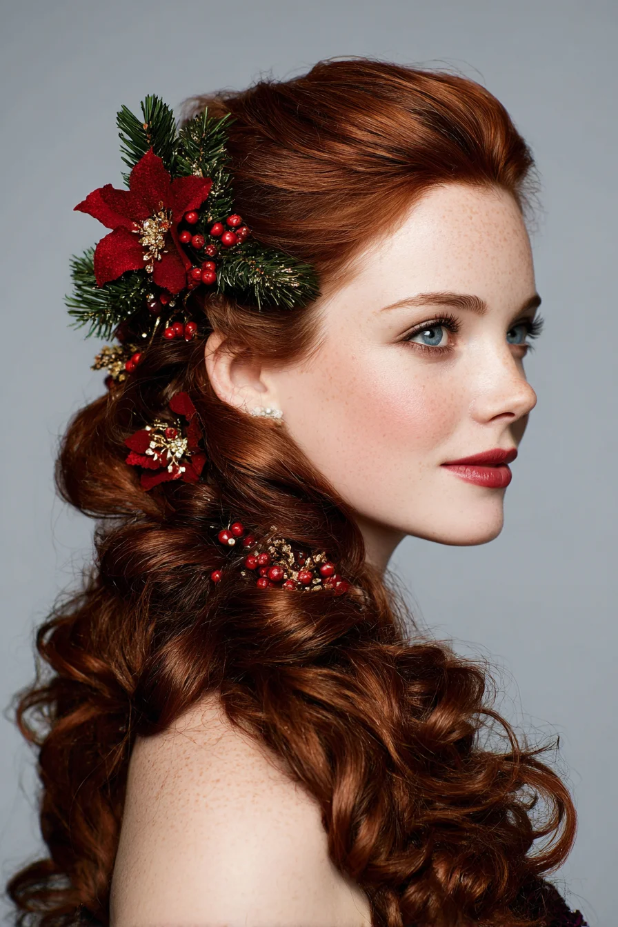 Romantic Half-Up Voluminous Curls with Festive Floral & Berry Pins