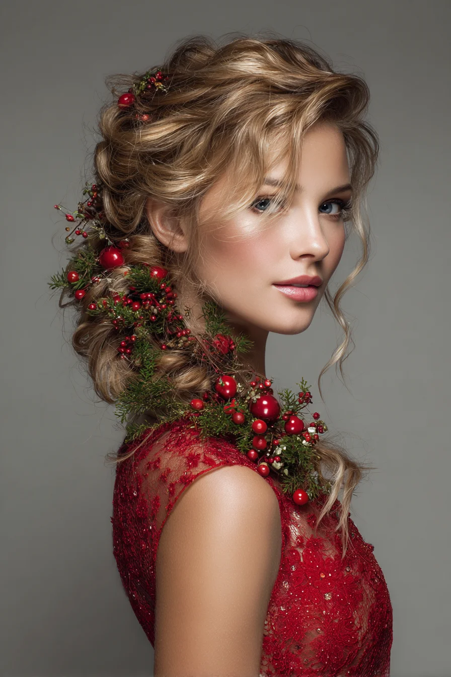 Romantic Holiday Side Braid Updo with Berry & Greenery Accents