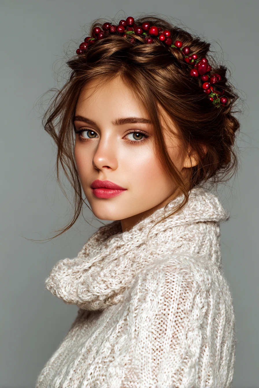 Romantic Loose Braided Updo with Berry Crown – Textured Bridal/Boho Hairstyle