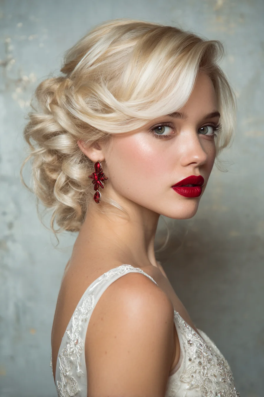Romantic Low Textured Updo with Side-Swept Fringe