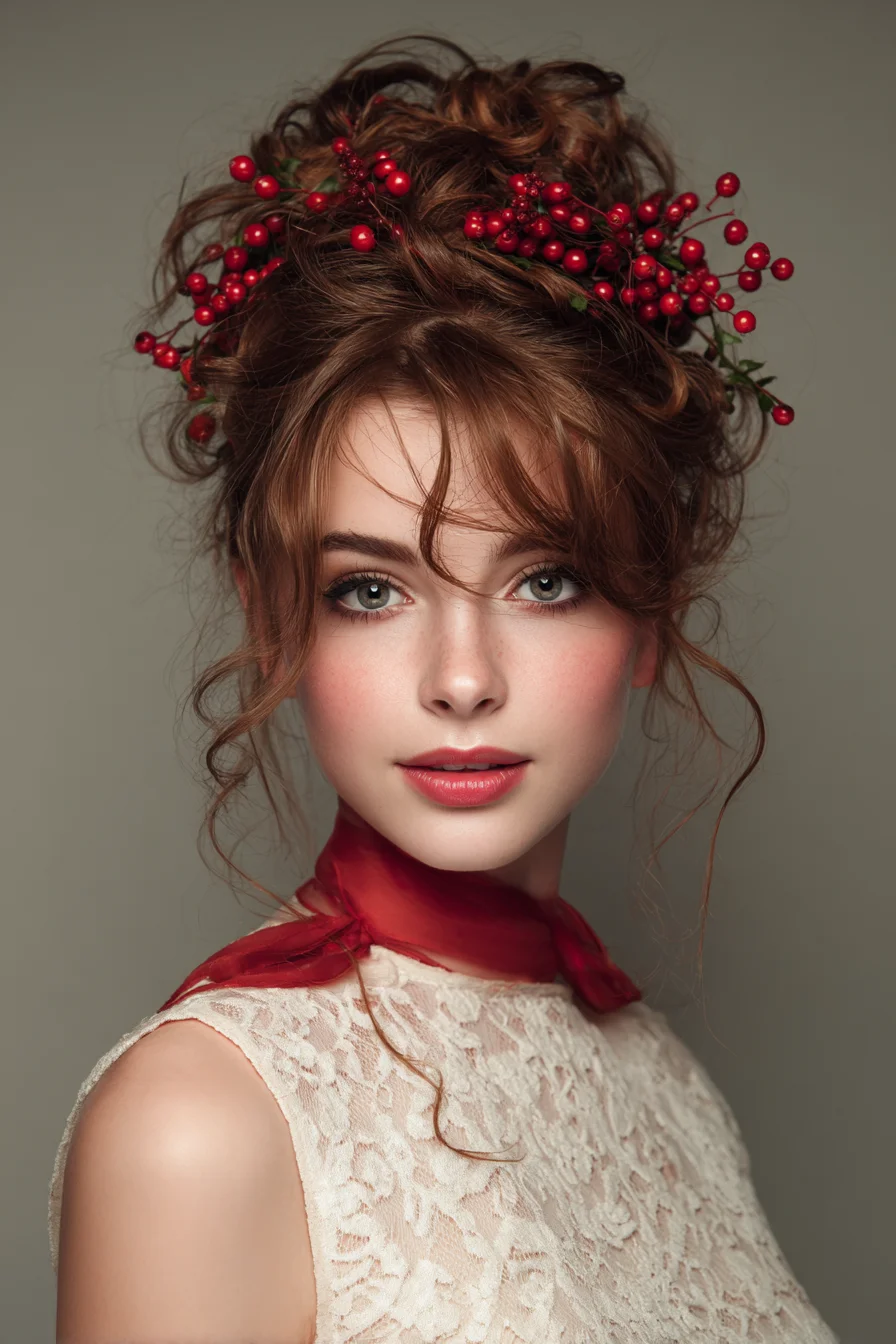 Romantic Messy Curly Updo with Berry Crown and Face‑Framing Tendrils