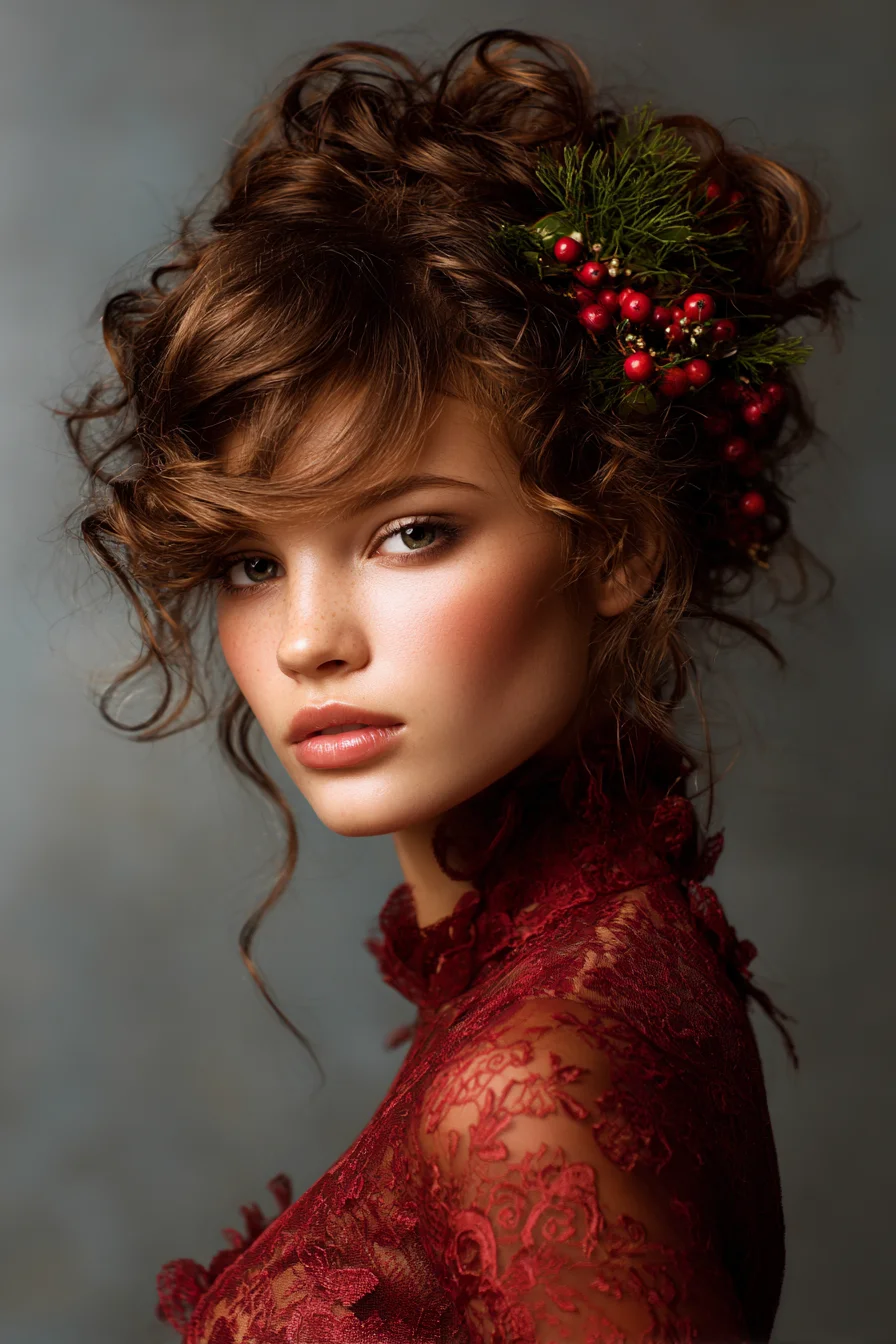 Romantic Messy Curly Updo with Side Fringe and Festive Berry Accent