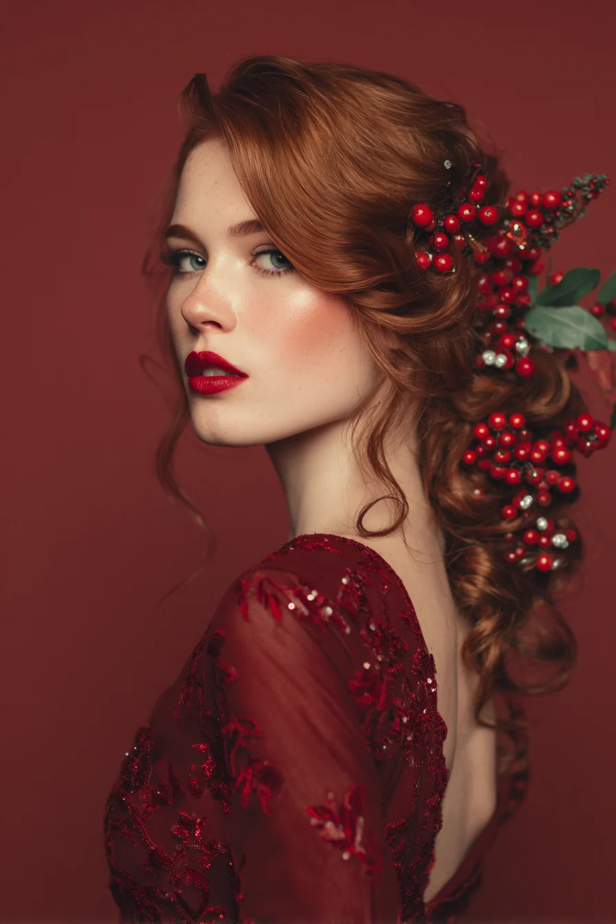 Romantic Side‑Swept Braided Updo with Berry Accents