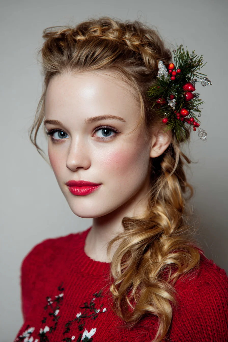 Romantic Side-Swept Fishtail with Braided Crown and Holiday Floral Accent