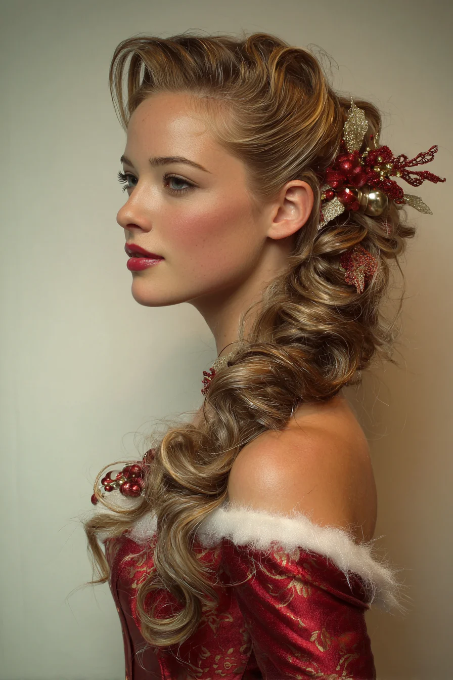 Romantic Side‑Swept Vintage Waves with Festive Hair Accessories