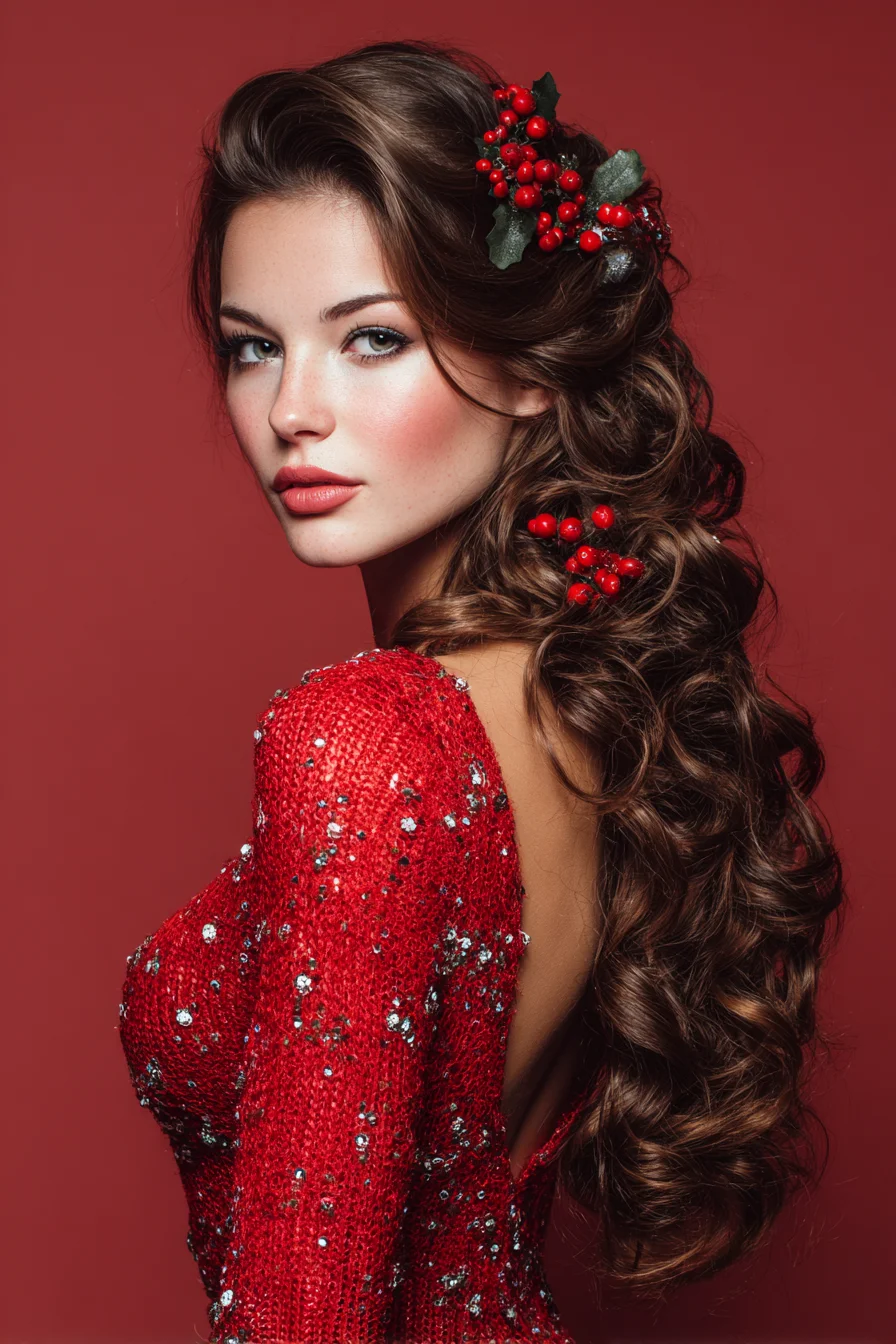 Romantic Side-Swept Voluminous Curls with Festive Berry Accents