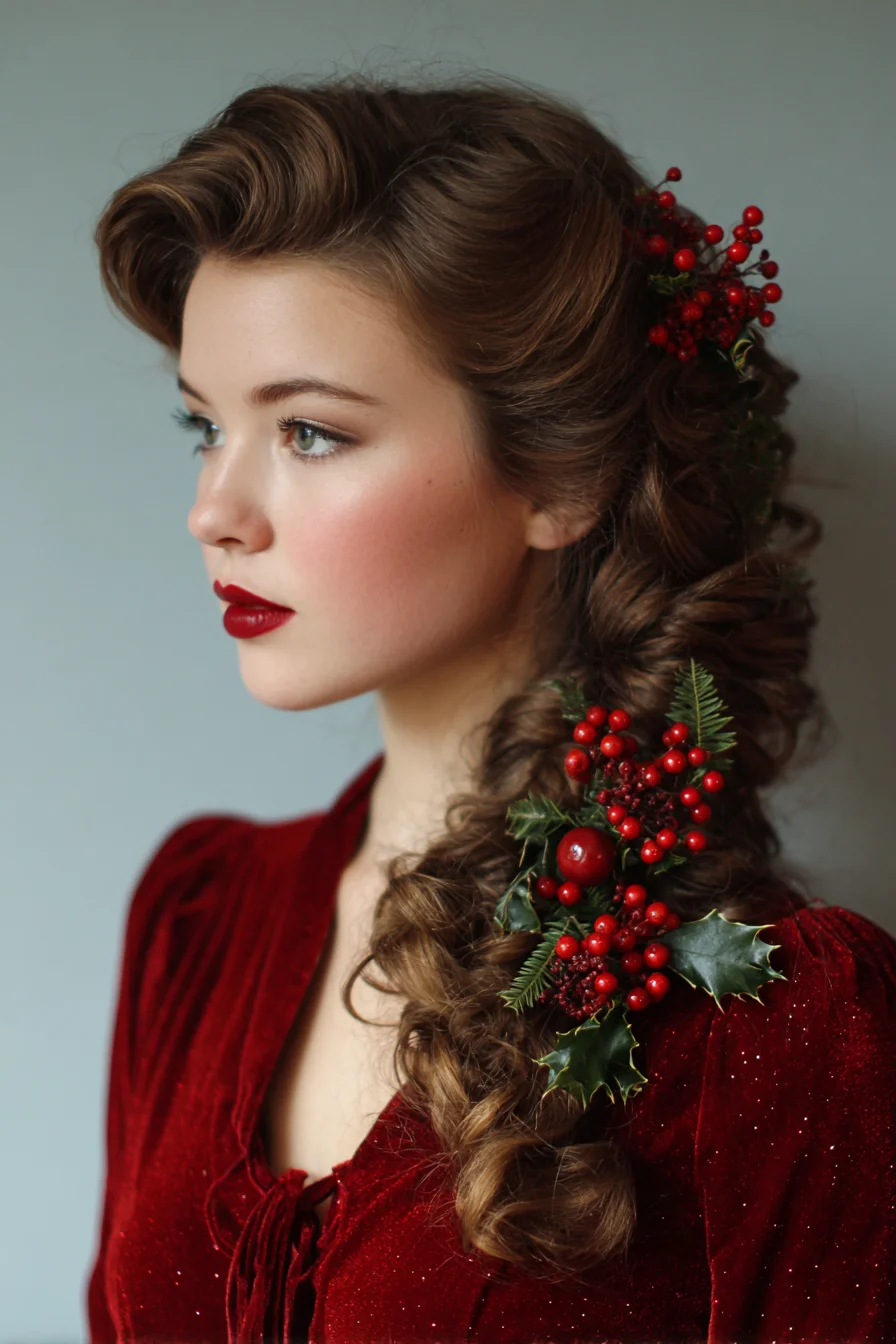 Romantic Side‑Swept Voluminous Fishtail Braid with Holiday Berry Accents