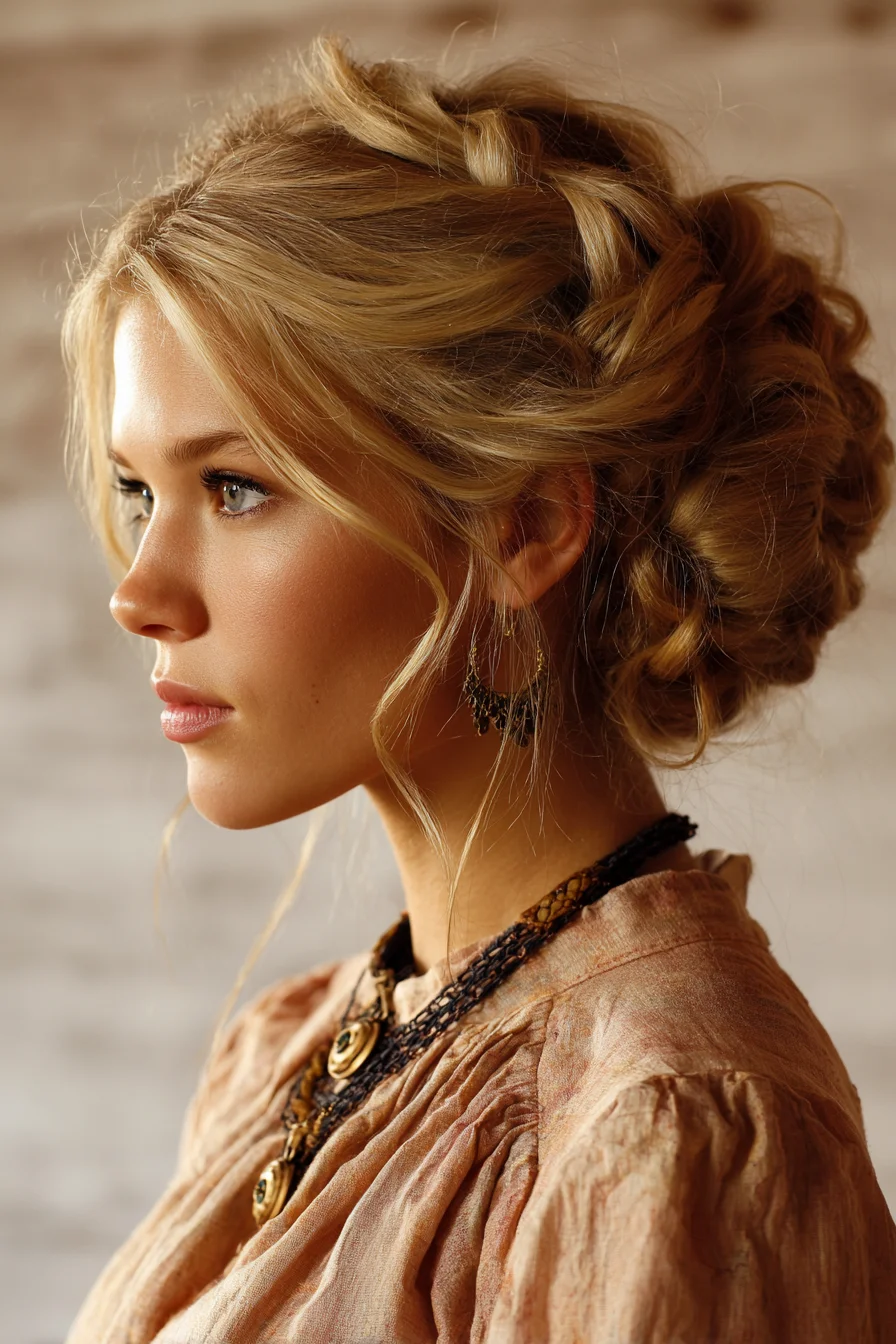 Romantic Textured Braided Low Updo with Face‑Framing Tendrils
