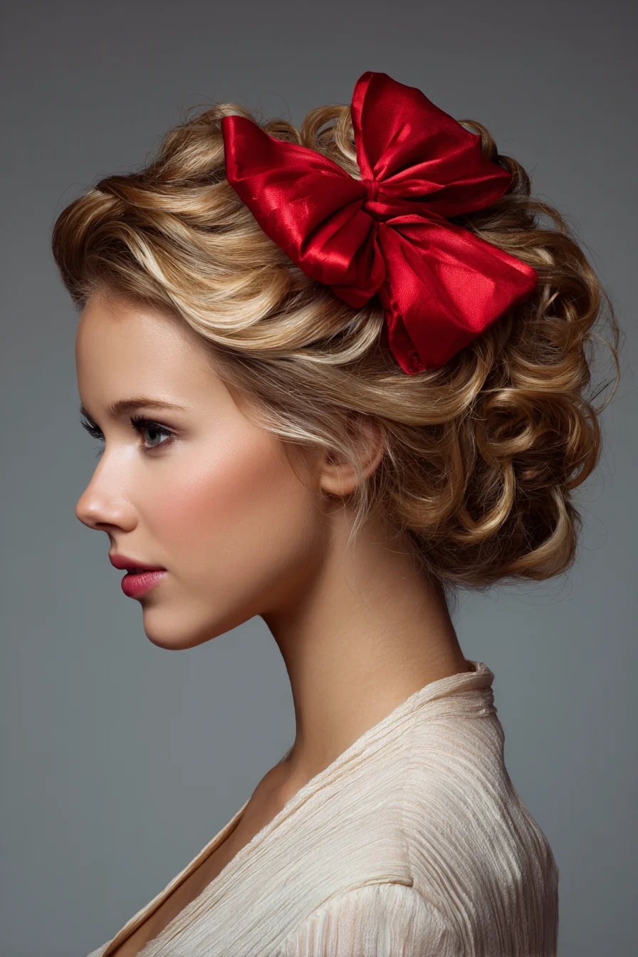 Romantic Textured Curled Low Updo with Red Bow