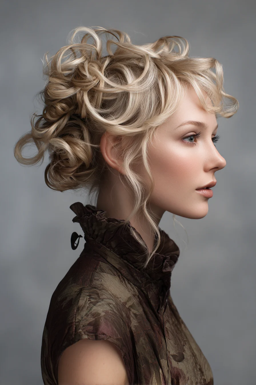 Romantic Textured Curly Updo with Face‑Framing Tendrils