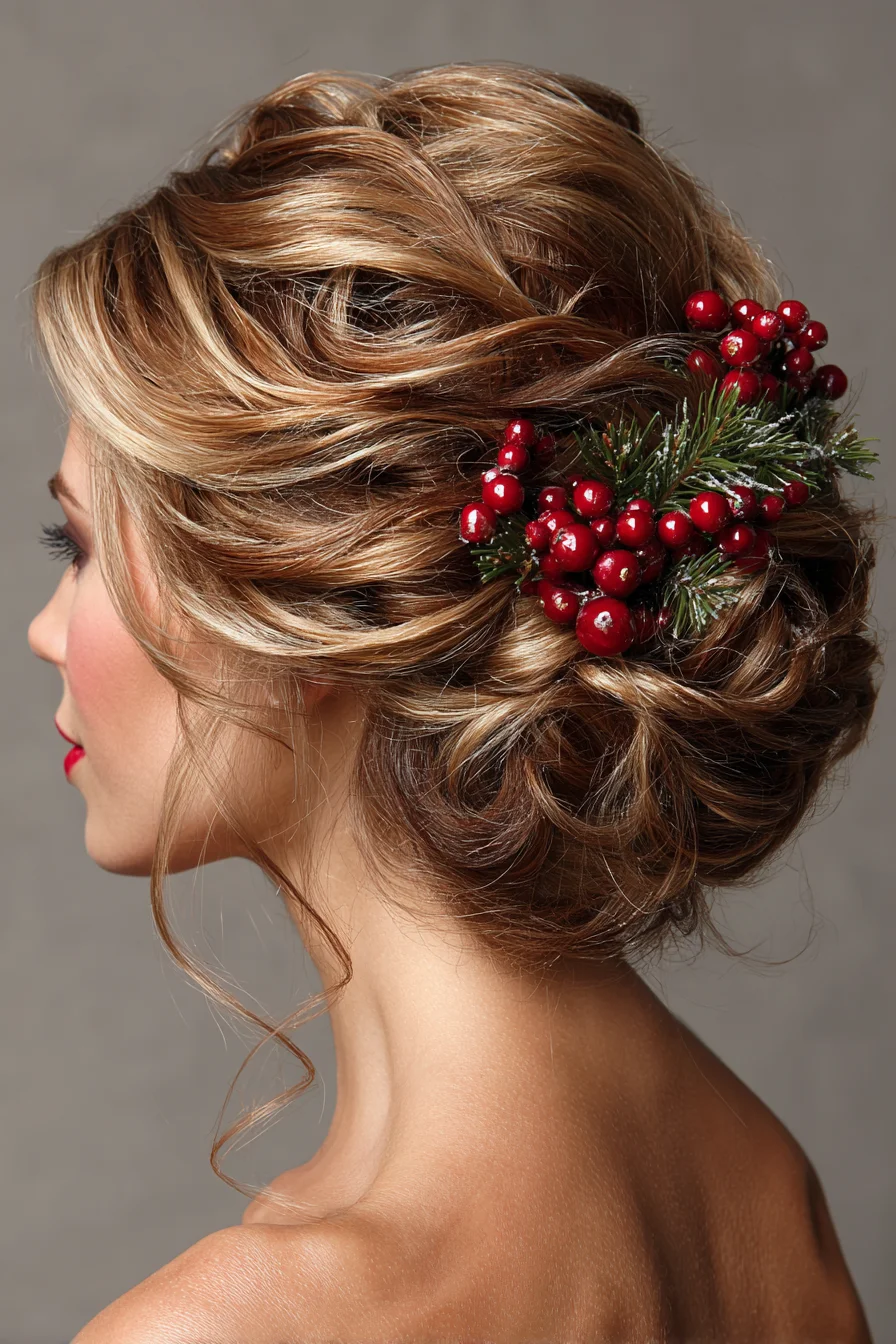 Romantic Textured Low Chignon with Holiday Berry Accent