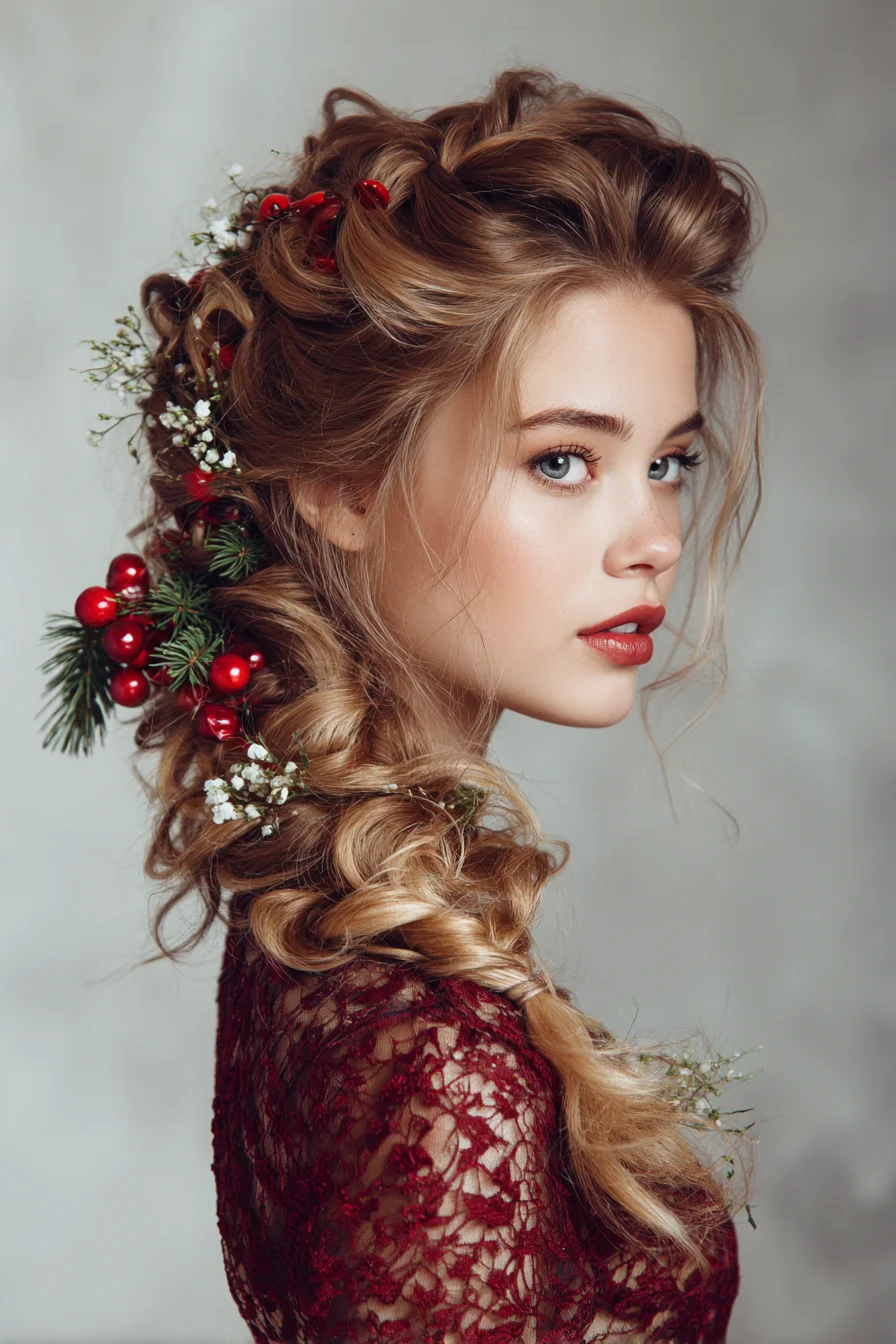 Romantic Textured Side Braid with Curls and Festive Berry Accents